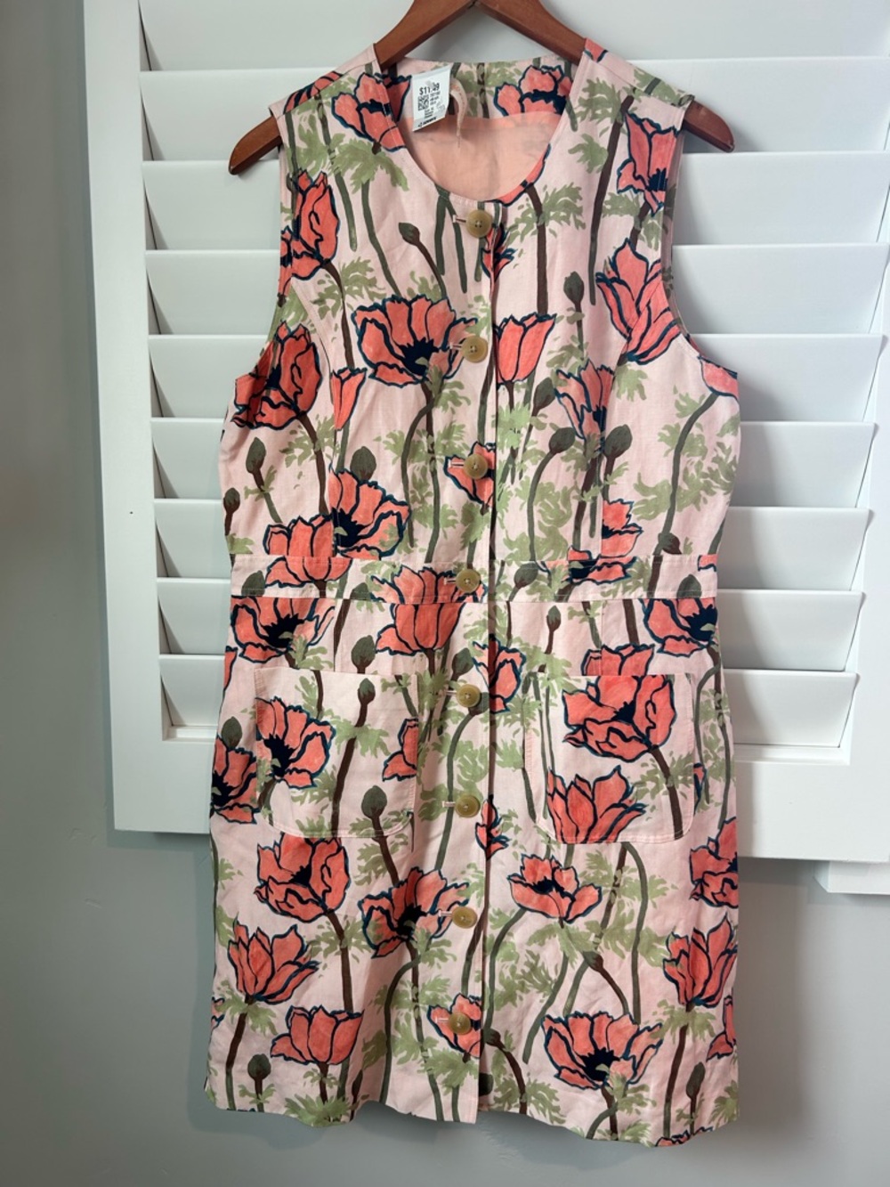 Tory Burch size 14 pink poppies bloom silk/linen sleeveless shift dress $498